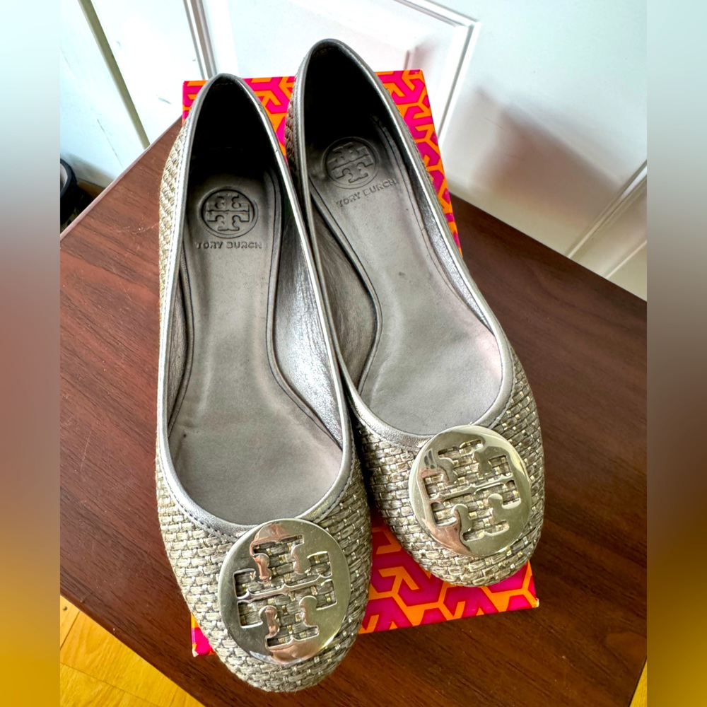 Tory Burch silver woven flats